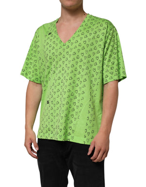 Dolce & Gabbana Grünes V-Ausschnitt-T-Shirt mit DG-Logo und Herzaufdruck