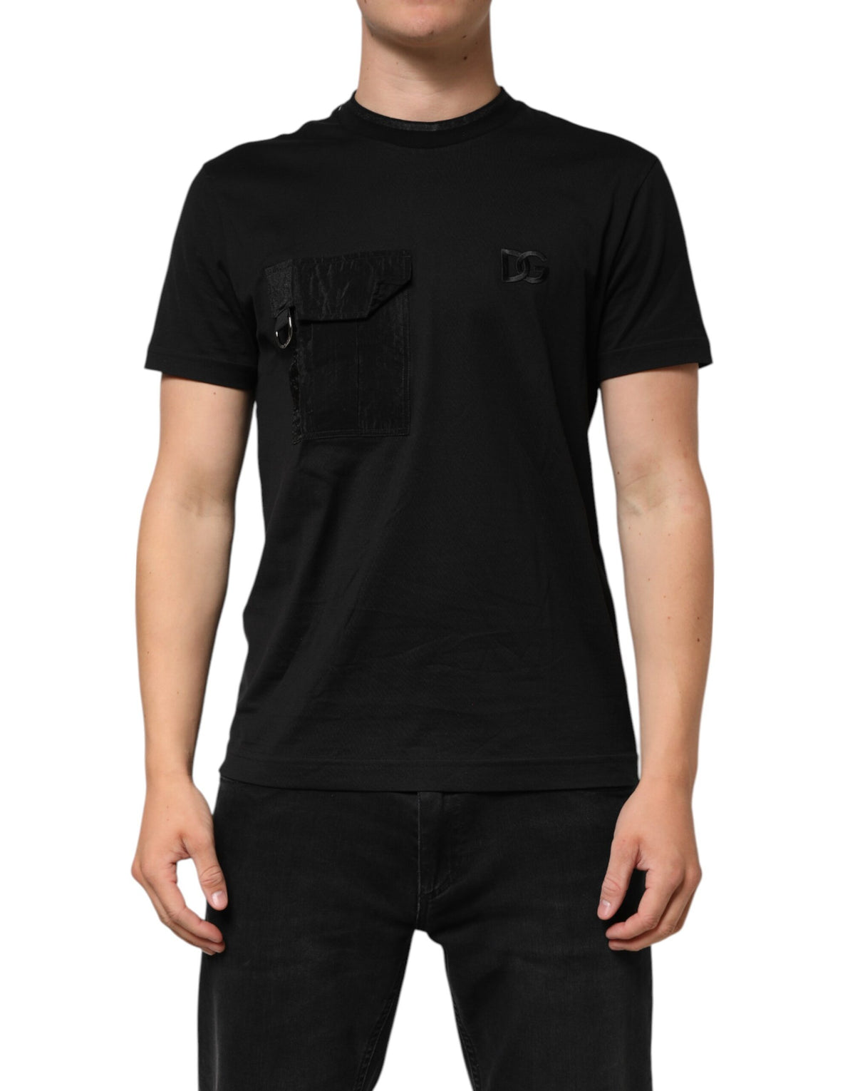 Dolce & Gabbana Schwarzes Baumwoll-T-Shirt mit gesticktem DG-Logo in der Tasche