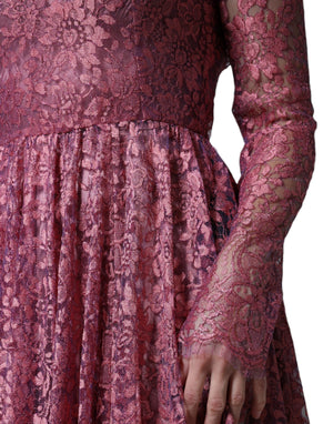 Dolce & Gabbana Rosa geblümtes langärmeliges Midikleid aus Spitze
