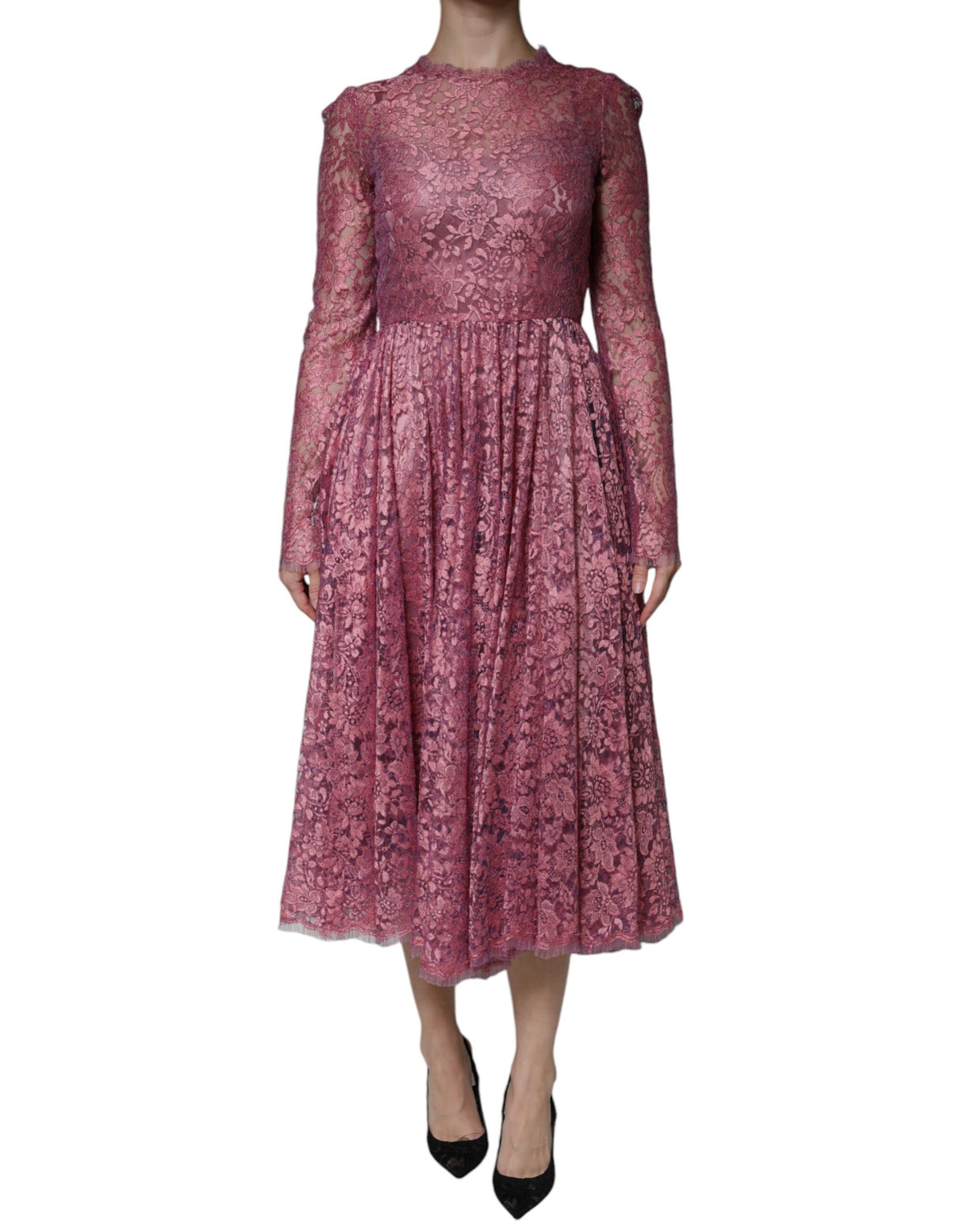 Dolce & Gabbana Rosa geblümtes langärmeliges Midikleid aus Spitze