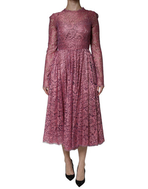 Dolce & Gabbana Rosa geblümtes langärmeliges Midikleid aus Spitze