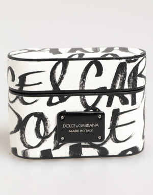Dolce & Gabbana Schwarz Weiß Leder Monogramm Print Logo Halter Airpods Fall