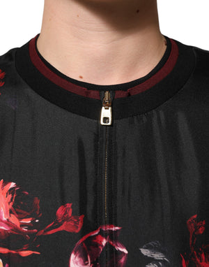 Dolce & Gabbana Schwarz-rot geblümte Seidenbomber-Blouson-Jacke