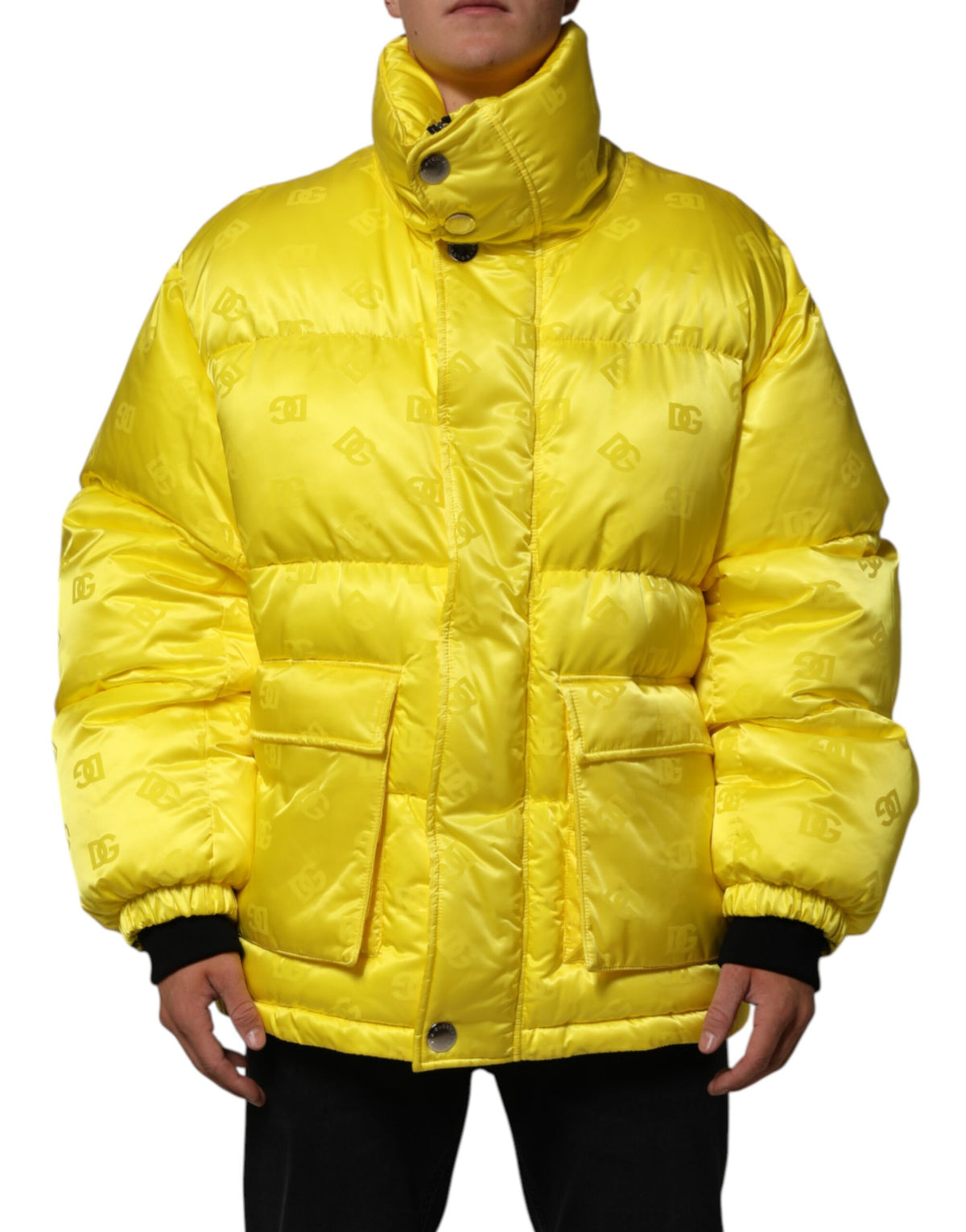 Dolce & Gabbana Gelbe Nylon Logo Puffer Bomber Männer Jacke