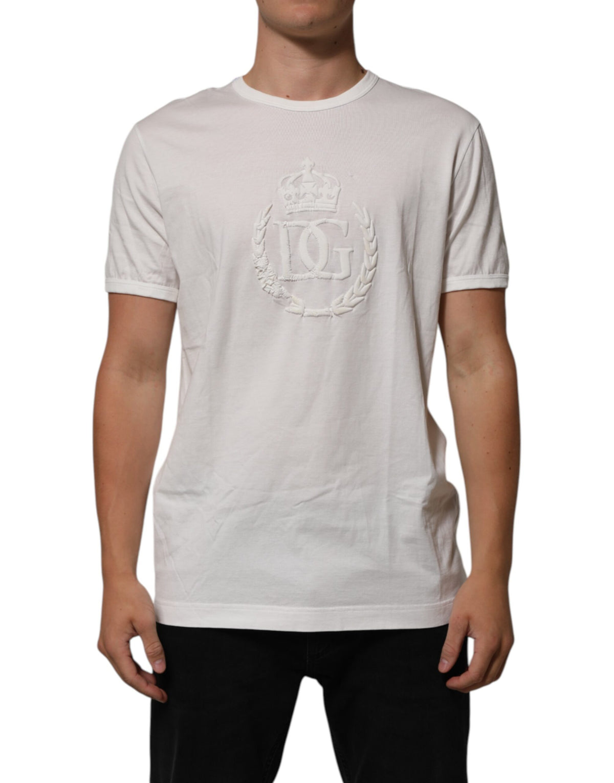 Dolce & Gabbana Weißes Baumwoll-T-Shirt mit geprägter DG-Krone für Männer