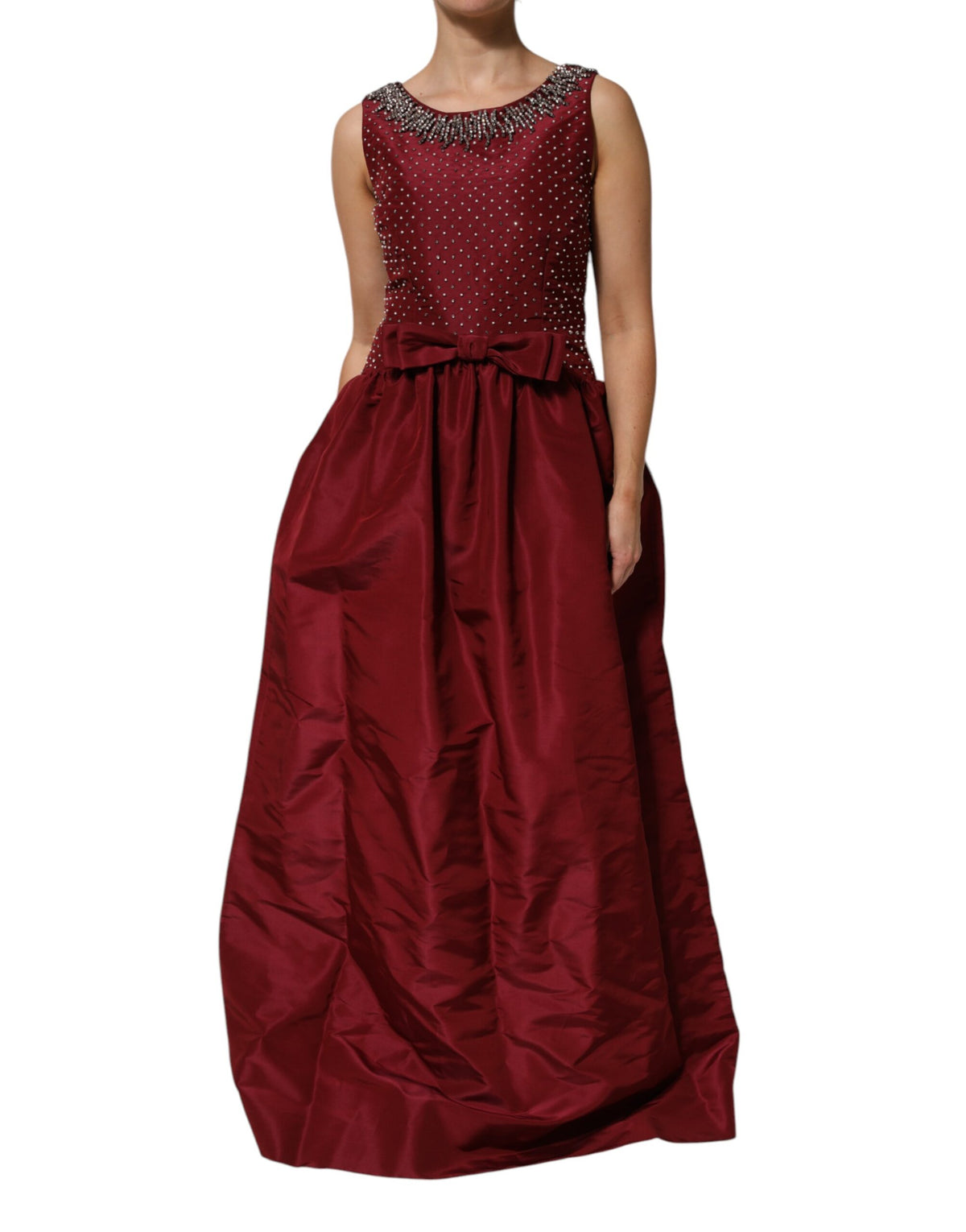 Dolce & Gabbana Burgunderfarbenes Abendkleid aus Seide mit Perlen