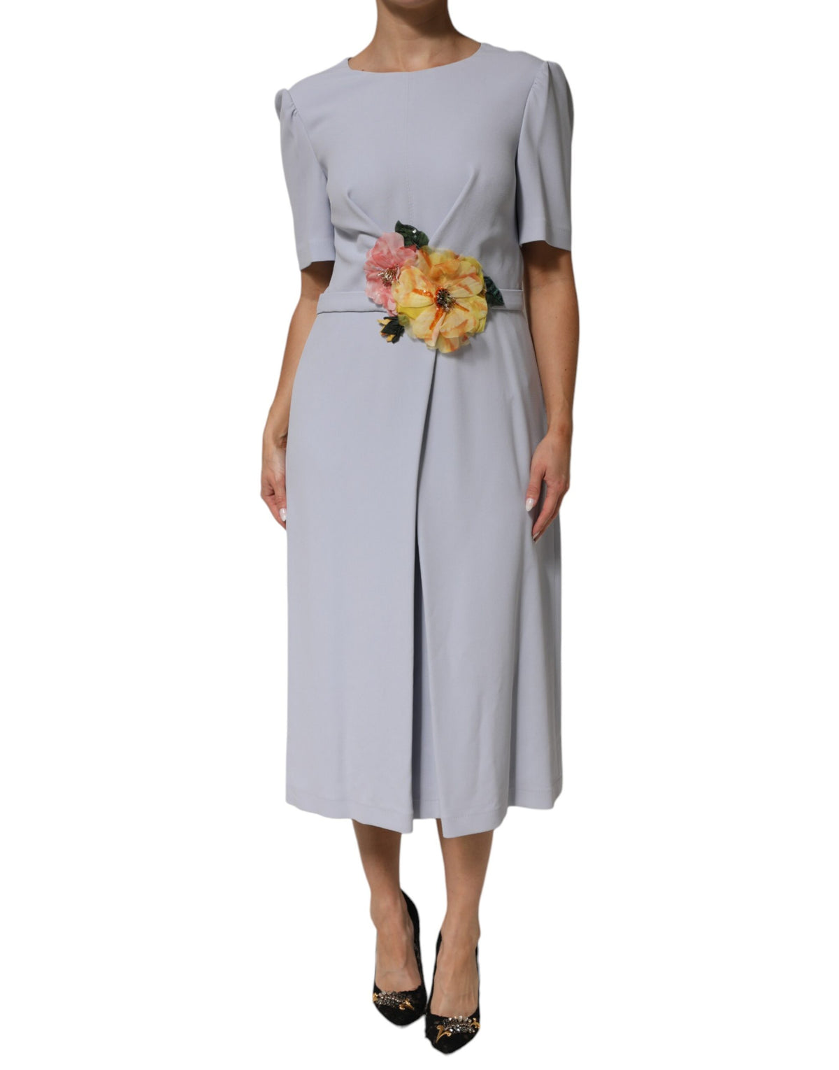Dolce & Gabbana Hellblaues Kleid mit Blumenapplikationen aus einer Viskosemischung