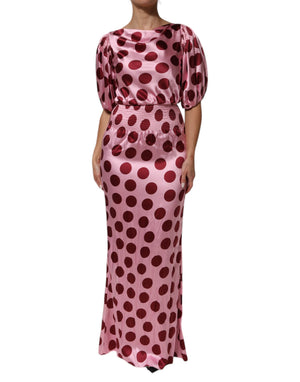 Dolce & Gabbana Rosa-rot gepunktetes Seiden-Satin-Maxi-Kleid