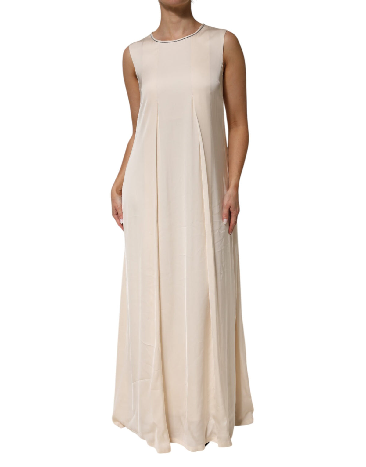 Peserico Beige Viskose Plissee ärmelloses langes Maxikleid