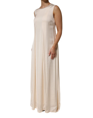 Peserico Beige Viskose Plissee ärmelloses langes Maxikleid