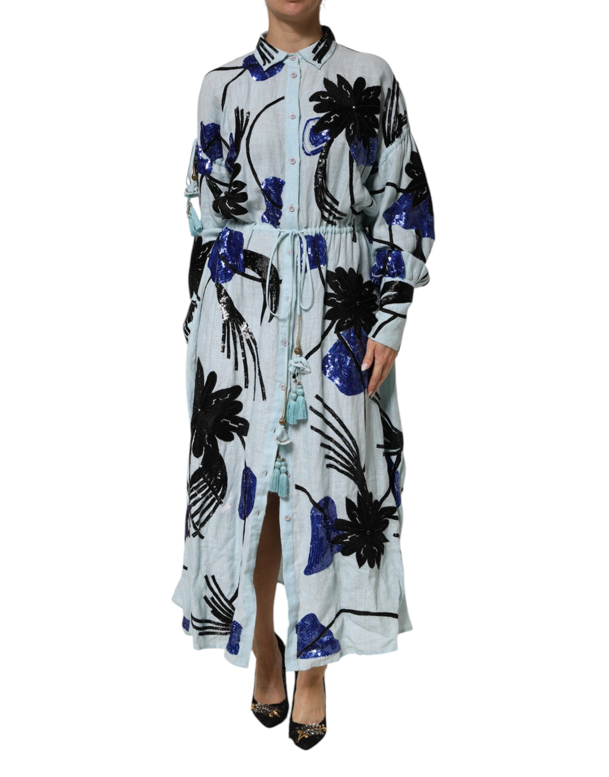 Christian Pellizzari Blaues Maxikleid mit Paillettenverzierung