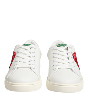 Dolce & Gabbana Weißes Leder mit Rosenstickerei Low-Top Schuhe