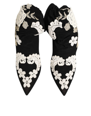 Dolce & Gabbana Schwarz Weiß Bestickte Jersey Stiletto Stiefel Schuhe