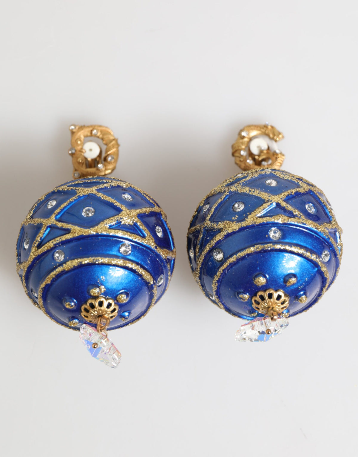 Dolce & Gabbana Gold Messing Blau Weihnachten Kugel Kristall Tropfen Clip auf Ohrringe