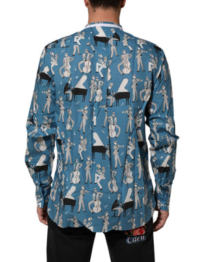 Dolce & Gabbana Blaues Jazz-Hemd aus bedruckter Baumwolle mit Knopfleiste