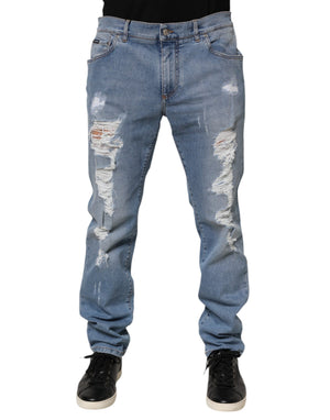 Dolce & Gabbana Blaue zerrissene Slim Fit Jeans aus Baumwolldenim