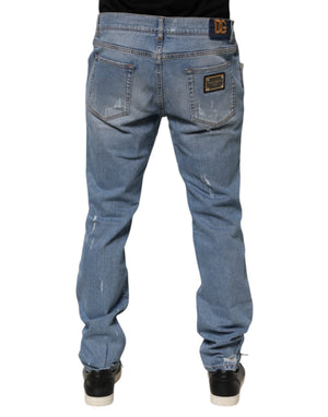 Dolce & Gabbana Blaue zerrissene Slim Fit Jeans aus Baumwolldenim