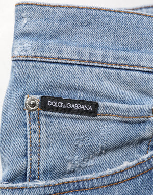 Dolce & Gabbana Blaue zerrissene Slim Fit Jeans aus Baumwolldenim