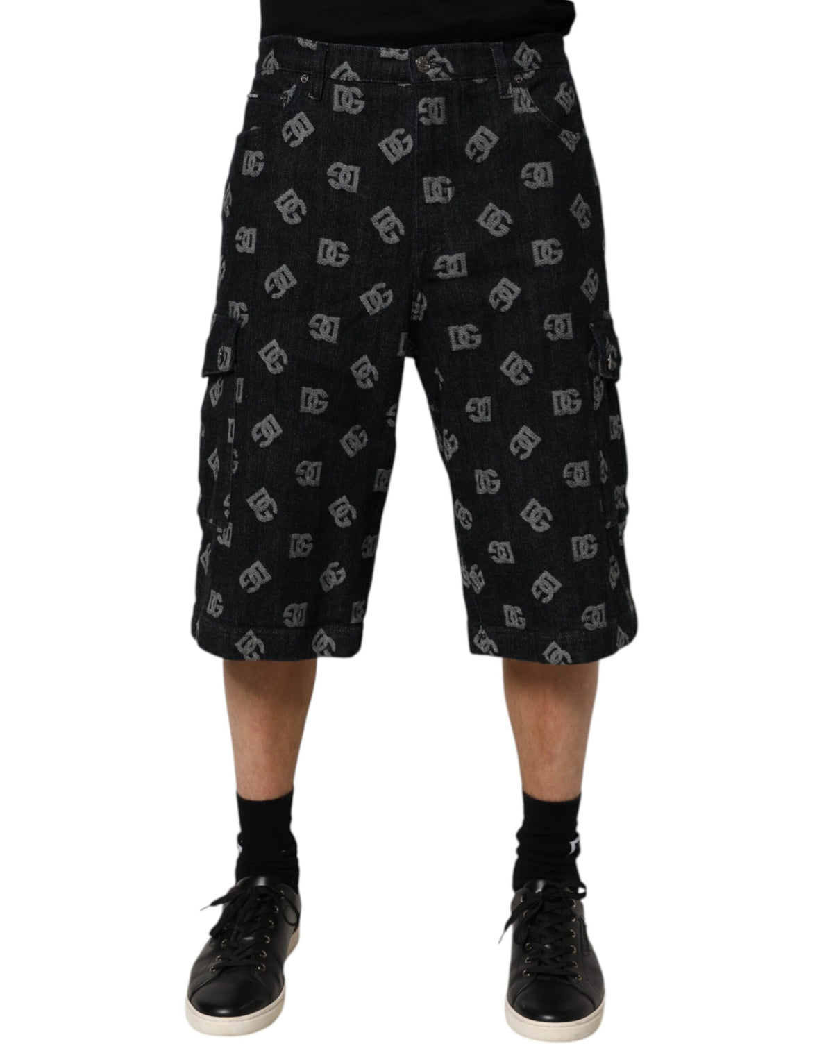 Dolce & Gabbana Schwarzes Monogramm Denim Cargo Herren Bermuda Short