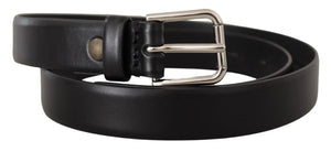 Dolce & Gabbana Schwarzes Kalbsleder Silberfarbene Logoschnalle Gürtel