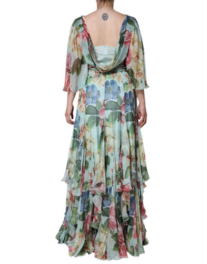 Dolce & Gabbana Blaues gestuftes Maxikleid mit Blumendruck