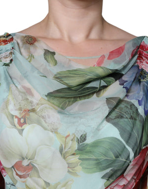 Dolce & Gabbana Blaues gestuftes Maxikleid mit Blumendruck