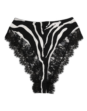 Dolce & Gabbana Schwarze Seiden-Zebra-Druck-Spitzenunterwäsche mit hoher Taille
