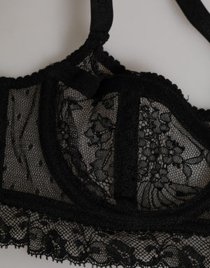 Dolce & Gabbana Schwarzer geblümter Spitzen-Nylon-Balconcino-BH Unterwäsche