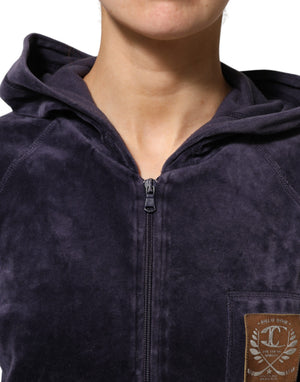 Cavalli Class Lila Baumwollmischung Samt Zip-Up Hoodie Sweatshirt Pullover