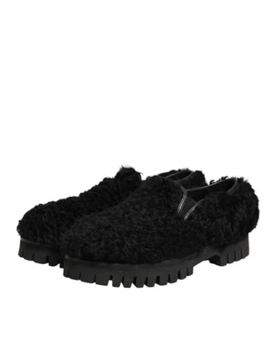 Dolce & Gabbana Kleid Schwarz Pelz Leder Hausschuhe Männer Schuhe