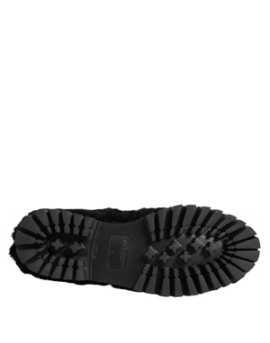 Dolce & Gabbana Kleid Schwarz Pelz Leder Hausschuhe Männer Schuhe