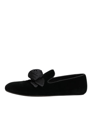 Dolce & Gabbana Schwarz Wildleder Baumwolle Rose Slip On Loafers Schuhe