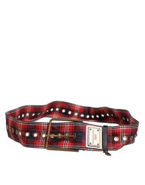 Dolce & Gabbana Rot karierter Stoff Logo Platte Messing Schnalle Gürtel