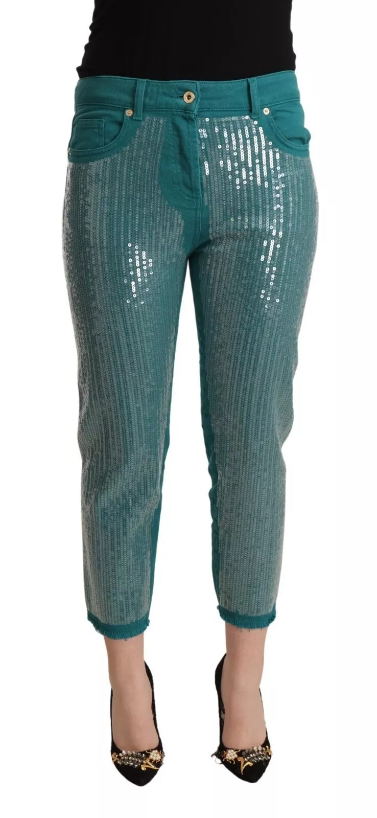Blumarine Kadettblaue Paillettenhose mit niedriger Taille und geteilter Hose