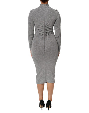 Dolce & Gabbana Graues Nylon Bodycon Etuikleid mit langen Ärmeln