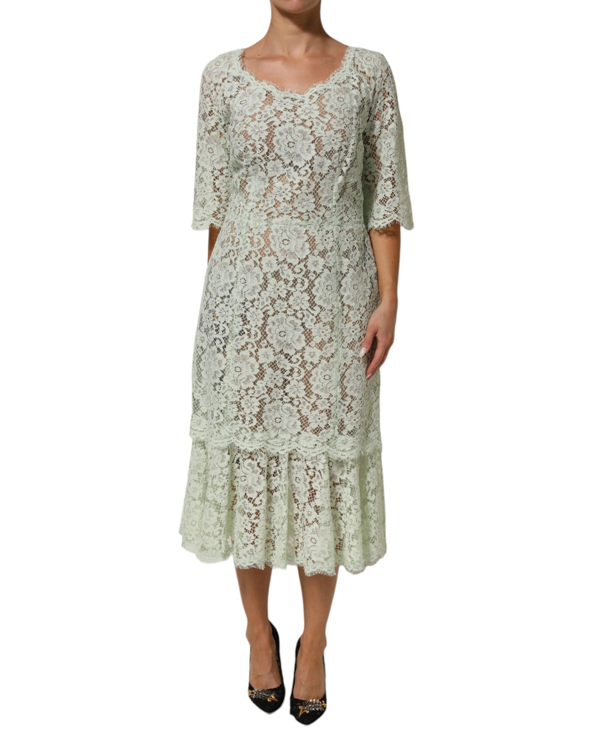 Dolce & Gabbana Mintgrünes Midikleid mit Blumenmuster und Spitzenbesatz