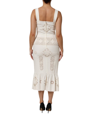 Dolce & Gabbana Weißes ärmelloses Midikleid aus Spitze mit Blumenmuster