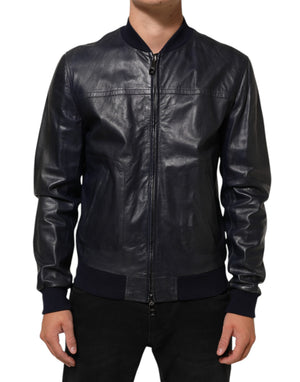 Dolce & Gabbana Blaue Biker-Blousonjacke mit durchgehendem Reißverschluss aus Leder