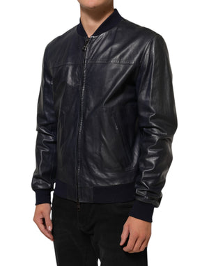 Dolce & Gabbana Blaue Biker-Blousonjacke mit durchgehendem Reißverschluss aus Leder