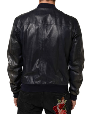 Dolce & Gabbana Blaue Biker-Blousonjacke mit durchgehendem Reißverschluss aus Leder