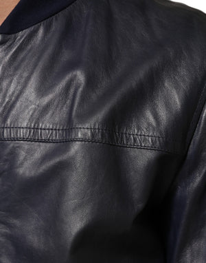 Dolce & Gabbana Blaue Biker-Blousonjacke mit durchgehendem Reißverschluss aus Leder
