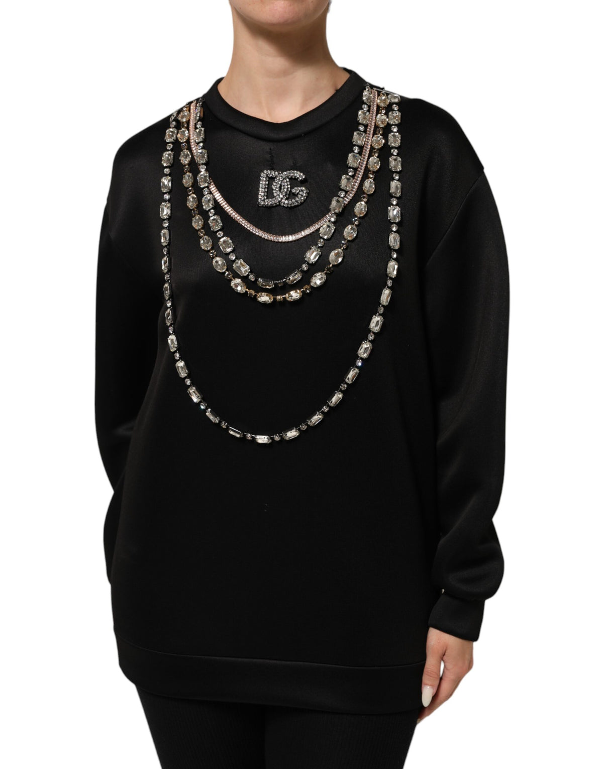 Dolce & Gabbana Schwarze Halskette Crystal DG Logo Sweatshirt Pullover