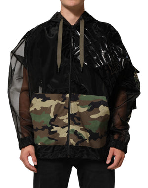 Dolce & Gabbana Schwarzer Camouflage-Kapuzenpullover für Herren mit durchgehendem Reißverschluss