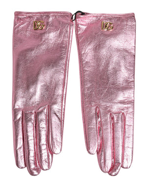 Dolce & Gabbana Rosa Lederhandschuhe mit DG-Logo und Stulpe