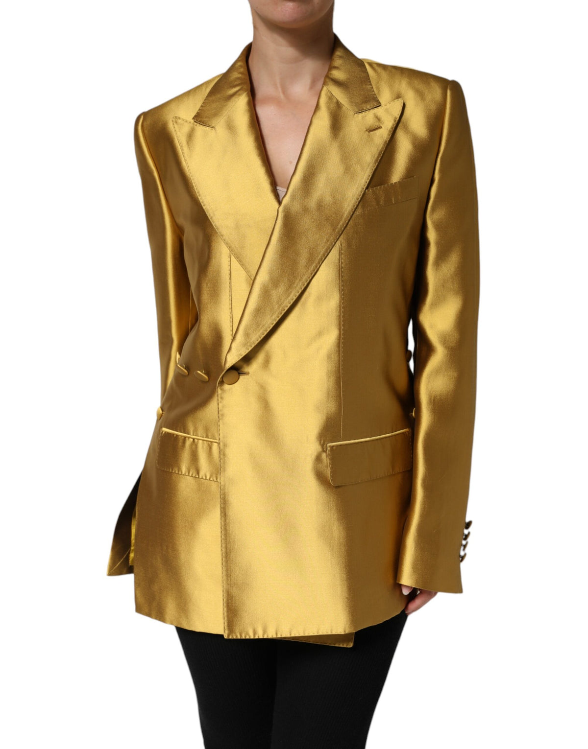 Dolce & Gabbana Gold Satin Lange Ärmel Blazer Mantel Jacke