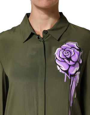 Boutique Moschino Grünes Top aus Acetat mit Kragen und langem Arm, floralem Muster