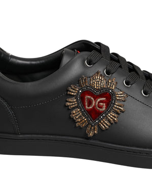 Dolce & Gabbana Schwarze Leder-Sneakers mit Herz-Verzierung