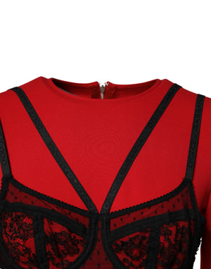 Dolce & Gabbana Schwarzes Midi-Kleid mit kontrastierendem rotem BH aus Cady