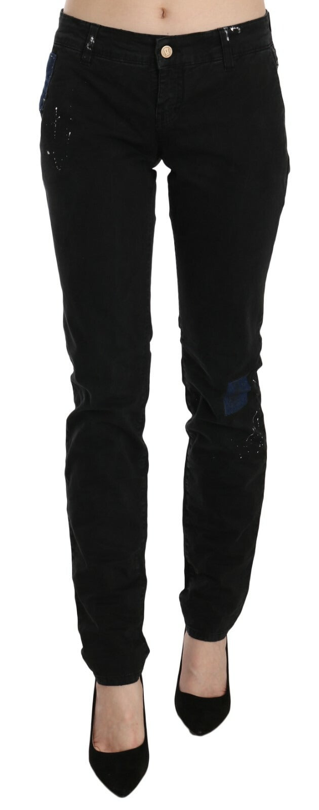 John Galliano Schwarze Low-Waist-Jeans mit weißer Bemalung