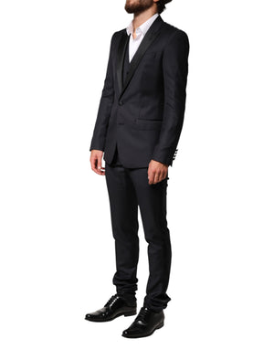 Dolce & Gabbana Schwarzer Woll-Anzug im 3-Teiler-Design mit Einreiher